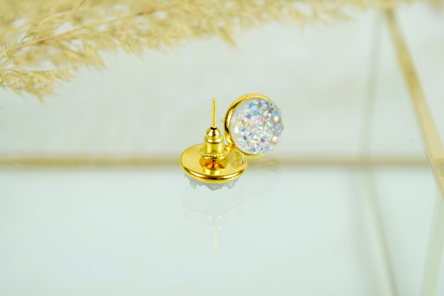 Ohrstecker Gold Glitter Cabochon "Eis"