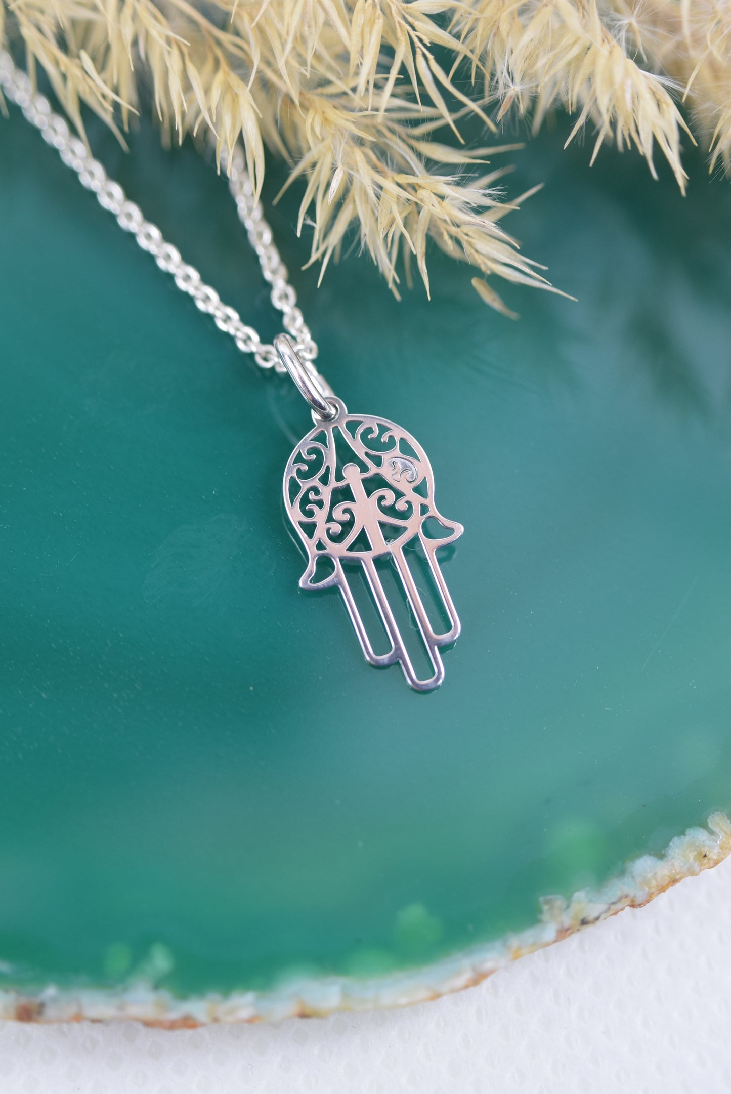 Kette Fatimas Hand echt Silber 925, Blumenmuster, Schützende Hand