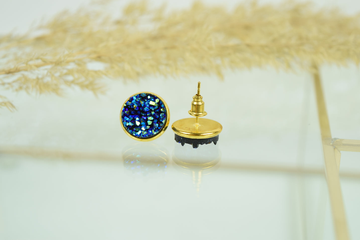 Ohrstecker Gelbgold Blau Glitter, Druse, Mineralien, Gitzerstein