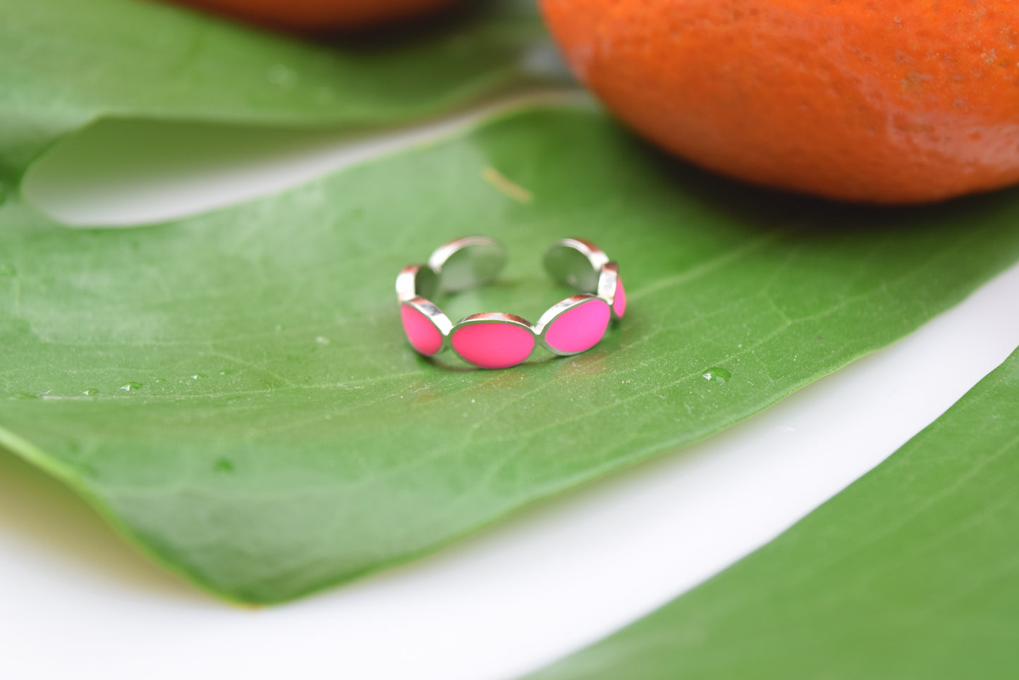 Edelstahl Ring mit Emaile Silber Neon Pink