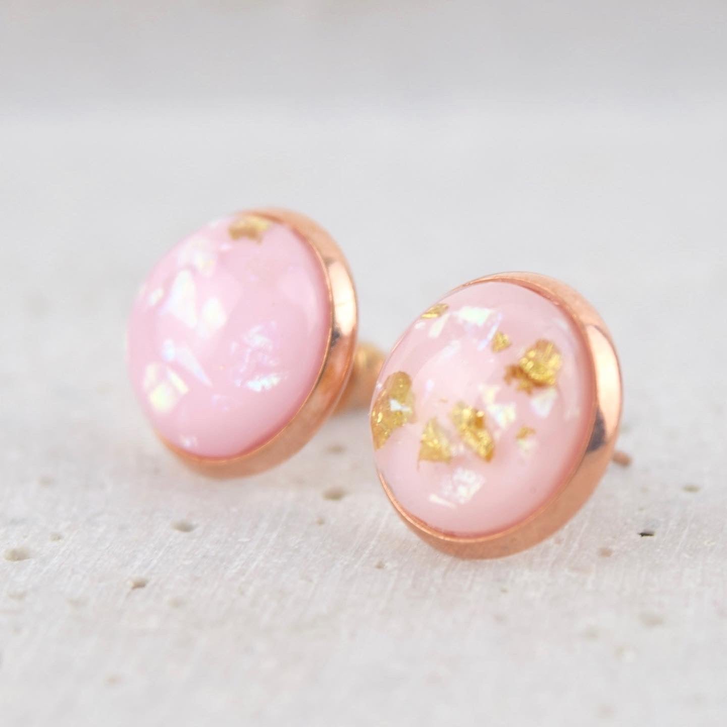 Ohrstecker Kupfer Rosa Cabochon echtes Blattgold