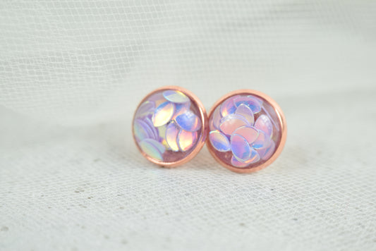 Ohrstecker Kupfer Cabochon Flitter Blättchen Flieder/Rosa ∅12mm