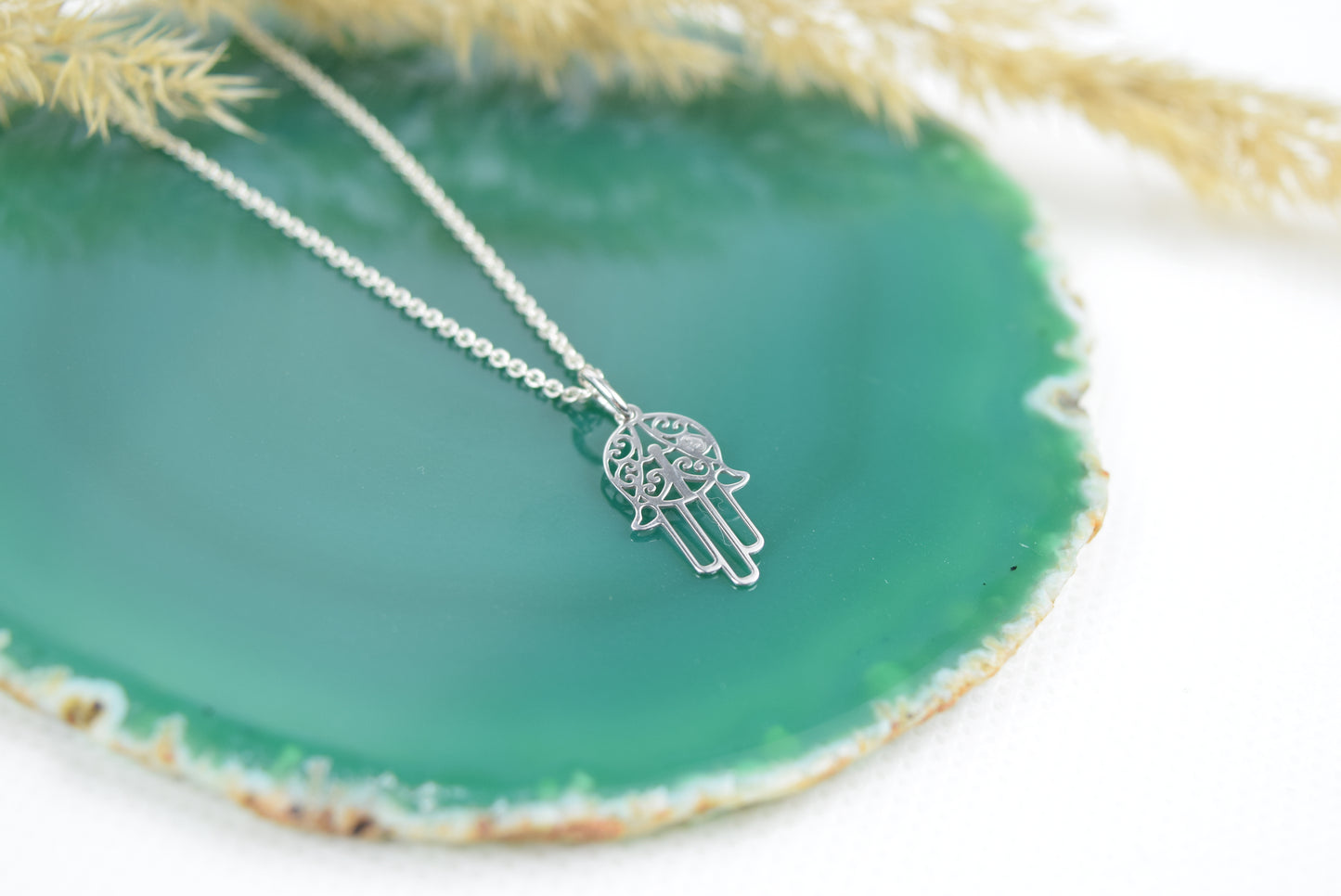 Kette Fatimas Hand echt Silber 925, Blumenmuster, Schützende Hand