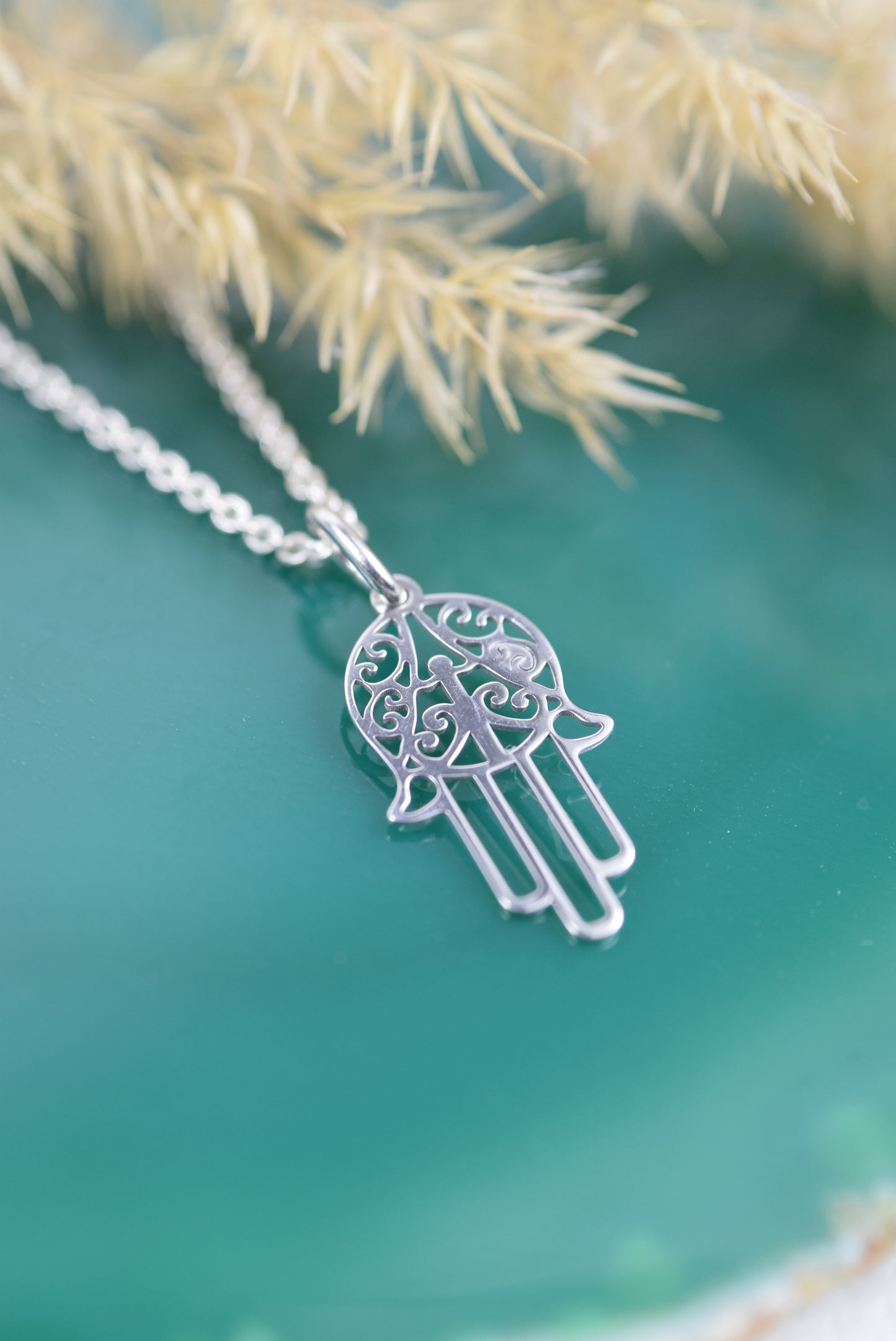 Kette Fatimas Hand echt Silber 925, Blumenmuster, Schützende Hand