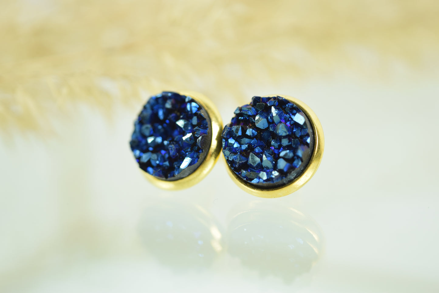 Ohrstecker Gelbgold Blau Glitter, Druse, Mineralien, Gitzerstein