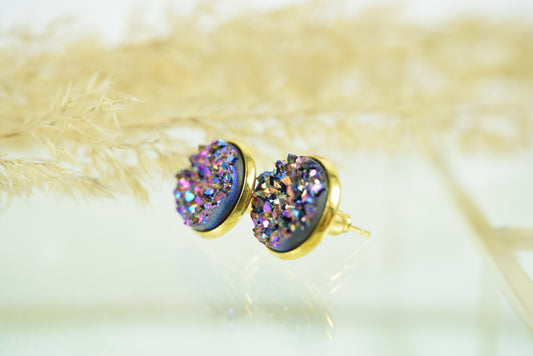 Ohrstecker Messing Drusen Look Blau/Pink 12mm Silber, Gold, Rosékupfer