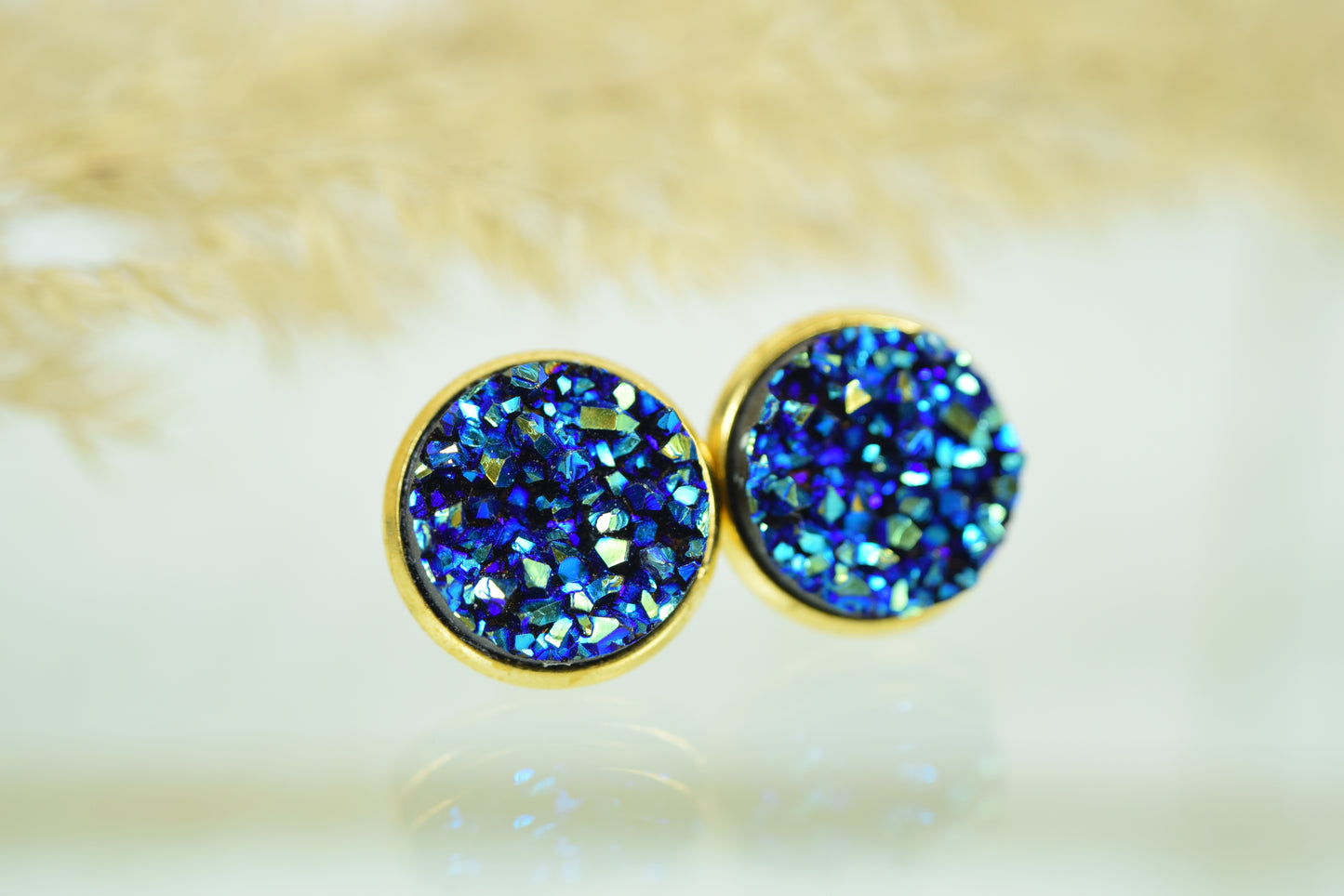 Ohrstecker Gelbgold Blau Glitter, Druse, Mineralien, Gitzerstein