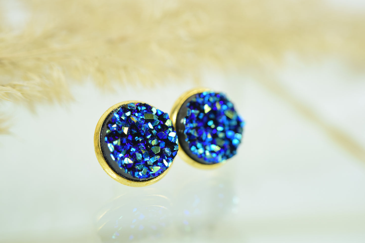 Ohrstecker Gelbgold Blau Glitter, Druse, Mineralien, Gitzerstein
