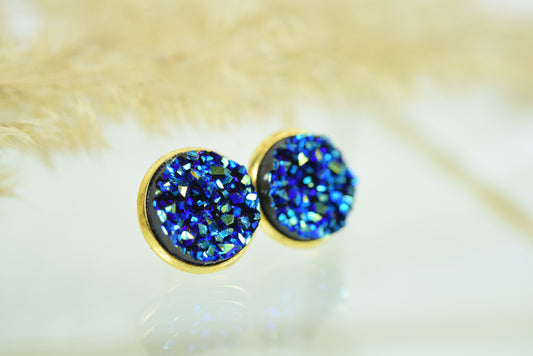 Ohrstecker Gelbgold Blau Glitter, Druse, Mineralien, Gitzerstein