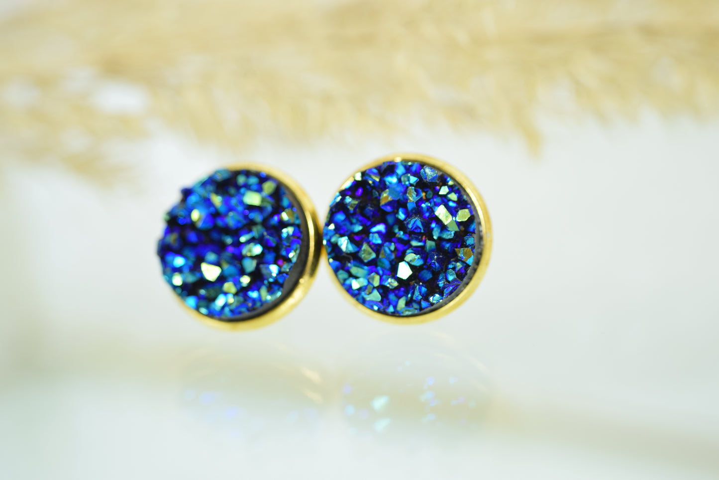 Ohrstecker Gelbgold Blau Glitter, Druse, Mineralien, Gitzerstein