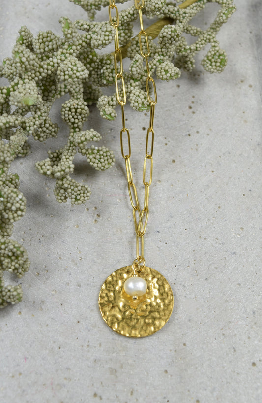 Kette mit Medaillion und Süßwasserperle Edelstahl vergoldet