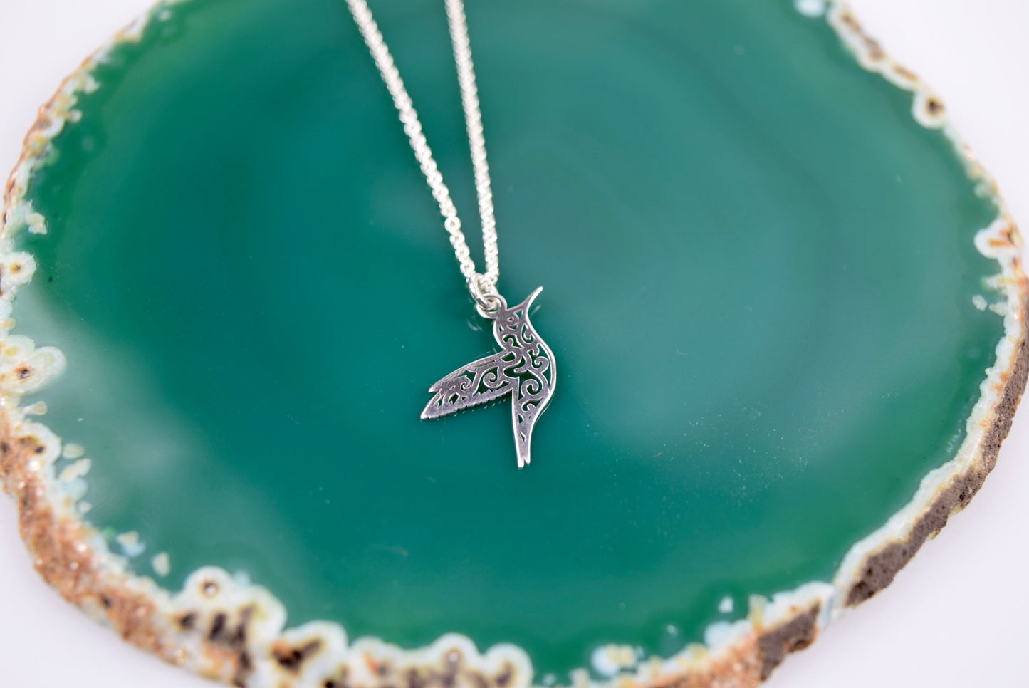 Kette echt Silber 925 Kolibri, Blumenmuster, stilisierter Kolibri, Gleichgewicht, Symbolik