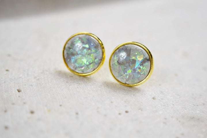 Ohrstecker Gold Cabochon Harz Flitter Ölfolie, Opal Look, Edelstein Look