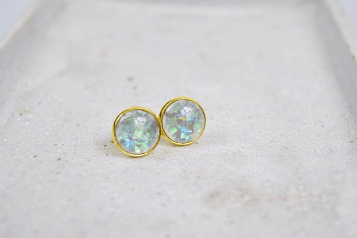 Ohrstecker Gold Cabochon Harz Flitter Ölfolie, Opal Look, Edelstein Look