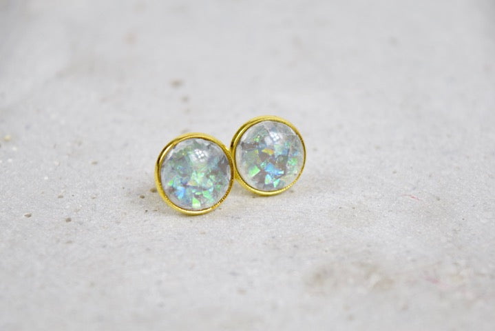 Ohrstecker Gold Cabochon Harz Flitter Ölfolie, Opal Look, Edelstein Look